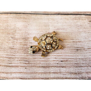 Miniature Gold Toned Turtle Clear Faceted Stones Shell Dark Red Eyes 2"
